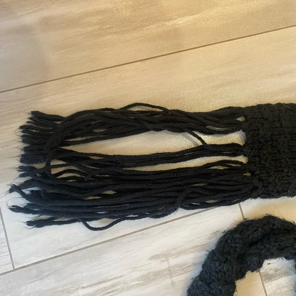 Jessica Simpson Acrylic Solid Black Knitted Warm Long Scarf with Fringe, OS